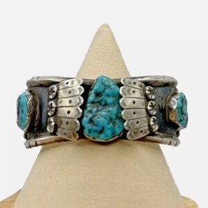Vintage‎ ML Native American Navajo Zuni Silver Turquoise Coral Cuff Bracelet